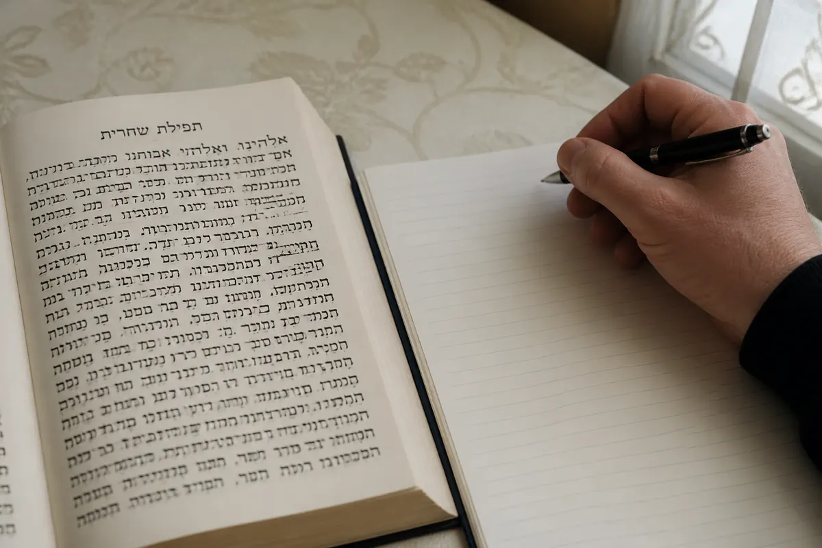 An open Hebrew prayer book beside a blank notebook and a hovering pen.