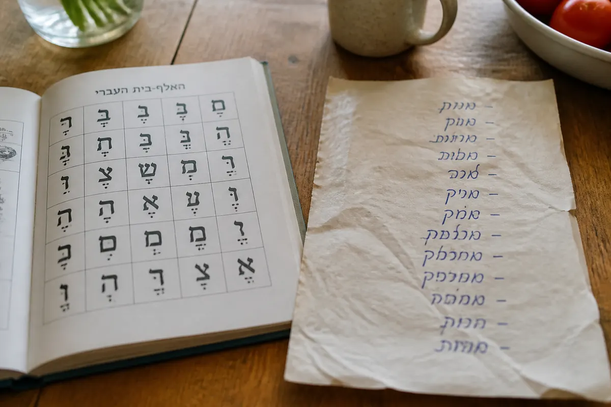 A printed Hebrew primer open next to a crumpled handwritten Israeli grocery list in Ktav Yad.
