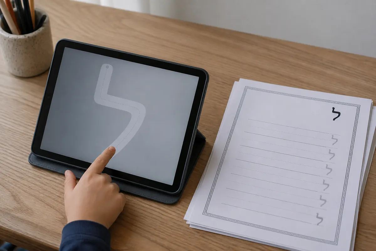 A finger tracing a large Hebrew letter outline on a tablet next to unused paper worksheets.